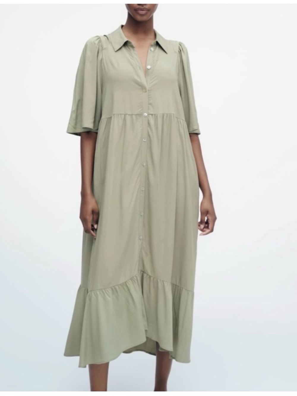 Sage Green Button-Front Tiered Midi Dress